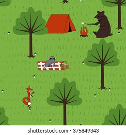 Seamless pattern with camping forest animals. Vector illustration