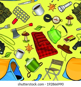 Seamless pattern with camping gear in cartoon style