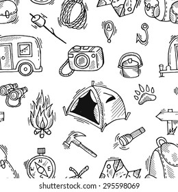 Seamless pattern of camping gear elements. Flashlight, marshmallow, trailer, camera, map, compass, backpack, tent, ax, fire, rope, road sign, fishing hook, binoculars, pot. Vector elements.