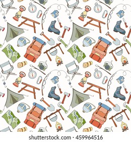 Seamless pattern of camping gear elements can be used for wallpaper, website background, wrapping paper. Hand drawn tourist illustration. Camping equipment vector collection. Hike outdoor elements