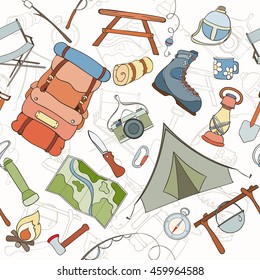 Seamless pattern of camping gear elements can be used for wallpaper, website background, wrapping paper. Hand drawn tourist illustration. Camping equipment vector collection. Hike outdoor elements