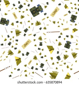 Seamless pattern of camping gear elements can be used for wallpaper, website background, wrapping paper.