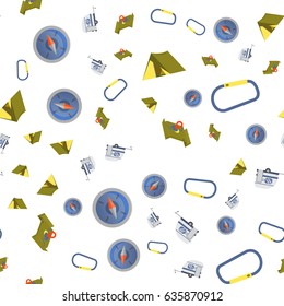 Seamless pattern of camping gear elements can be used for wallpaper, website background, wrapping paper.