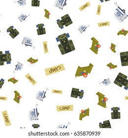 Seamless pattern of camping gear elements can be used for wallpaper, website background, wrapping paper.