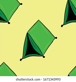 Seamless pattern with camping green tent on yellow background. Simple vector illustration in cartoon style. Decoration for print, posters, shops, advertisement, textile, wallpaper, wrapping paper