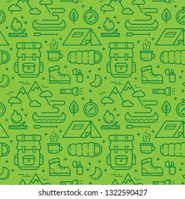 Seamless pattern with camping and hiking elements.