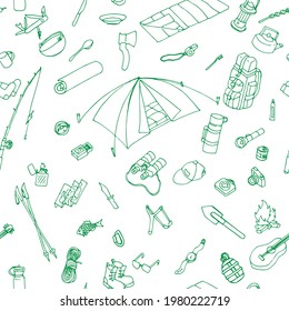 seamless pattern of camping and hiking equipment in green doodle, outdoors adventure, recreation tourism. Isolated items needed in the journey