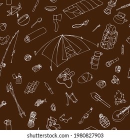 diseño ininterrumpido de equipos de acampada y senderismo en doodle blanco sobre fondo marrón, aventura al aire libre, turismo de recreación. Elementos aislados necesarios en el viaje