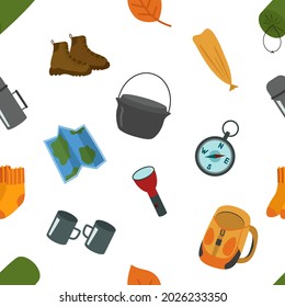 Seamless pattern, camping hiking. Tent, sleeping bag, thermos, flashlight, backpack, bowler hat, shoes, mugs. Vector illustration, for printing on paper or fabric.