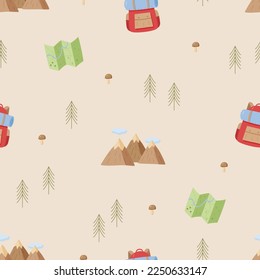 Seamless Pattern Camping icons set. Vector illustration of hiking elements. Mountains, backpack, forest map.