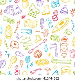 Seamless pattern with camping objects. Hand drawn vector illustration. Flashlight, marshmallow, camera, map, compass, backpack, tent, ax, fire, rope, road sign, fishing hook, binoculars, pot.