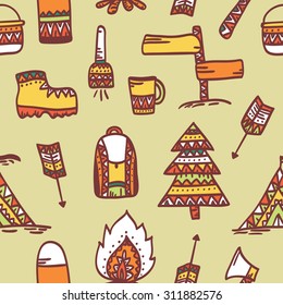 seamless pattern with camping and outdoor activity icon in tribal style