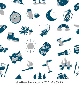 Seamless pattern with camping and outdoor doodle elements. Camping seamless pattern design.