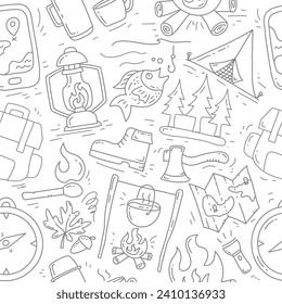 Seamless pattern with camping and outdoor doodle elements. Camping seamless pattern design.