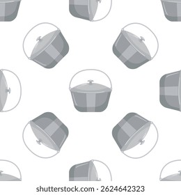 Seamless pattern with camping pots, cooking pots with lid and handle, monochrome vector illustration on white background