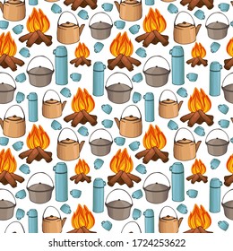 seamless pattern, camping supplies, fire, pot, kettle, thermos, wallpaper and fabric ornament, wrapping paper