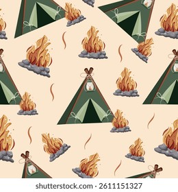seamless pattern with a camping tent and a bright bonfire and gray stones around it on a brown background