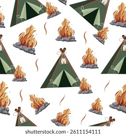seamless pattern with a camping tent and a bright bonfire and gray stones around it