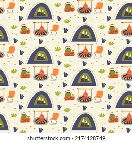 Seamless Pattern camping tent campfire. Nature Digital paper for nursery room, textile decor, kids wallpaper. Children repeat background for fabric design