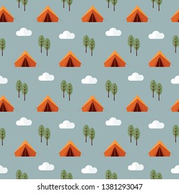 seamless pattern camping tent woods forest trees clouds summer vacation on green background vector wallpaper textile giftwrap