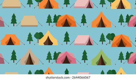 Seamless pattern with camping tents in various colors and green trees on a light blue background. The tents are triangular and the trees are stylized.
