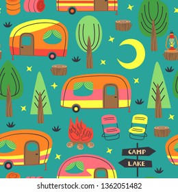 seamless pattern with  camping  trailer  - vector illustration, eps