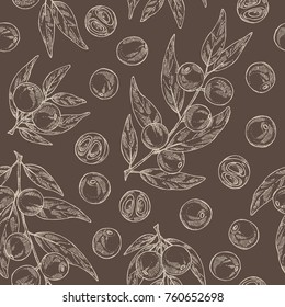Seamless pattern with camu camu: branch, camu camu powder, cocktail and fruit. Myciracy. Super food. Vector hand drawn illustration