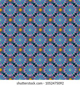 Seamless pattern can be used for wallpaper, pattern fills, printing, surface textures, fabric or textile. Vector floral black, orange and blue texture pattern.