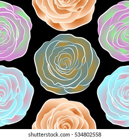 Seamless pattern can be used as greeting card, invitation card for wedding, birthday and other holidays and summer background. Rose flowers, abstract, watercolor, blue, pink and yellow on a black.