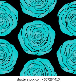 Seamless pattern can be used as greeting card, invitation card for wedding, birthday and other holidays and summer background. Rose flowers, abstract, watercolor, blue on a black.