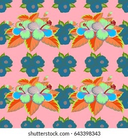 Seamless pattern can be used for web page background, surface textures and fabrics. Seamless floral wallpaper in blue and orange colors. Hand-drawn wildflowers.
