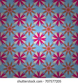 Seamless pattern can be used for wallpaper, pattern fills, printing, surface textures, fabric or textile. Vector floral blue, brown and purple texture pattern.