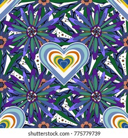 Seamless pattern can be used for wallpaper, pattern fills, printing, surface textures, fabric or textile. Vector floral green, blue and violet texture pattern.