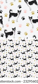 Patrón sin foco con perros y garras canarios, textura de vacaciones. Formato cuadrado, camiseta, afiche, embalaje, textiles, medias, textiles, tela, decoración, papel de embalaje. Papel mural de moda para perros dibujados a mano.