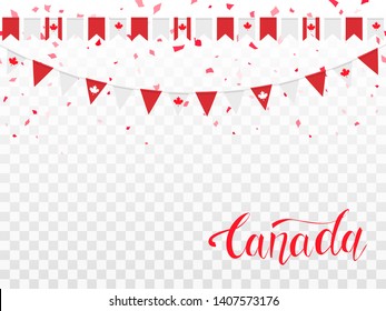 Seamless pattern of Canada garlands flags and flying confetti in traditional colors. Decorative realistic design elements for Canadian national holidays. Symbol of Canada.  Vector illustration