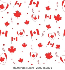 Seamless pattern with Canadian flags and red maple leaves. The concept of the holiday of Independence Day of Canada