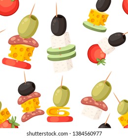 Seamless pattern. Canapes with different toppings. Restaurant food with wooden stick. Snack, appetizer for restaurant . Flat vector illustration on white background.