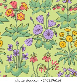Patrón sin foco con flores canarias sobre fondo verde. Papel tapiz floral vintage