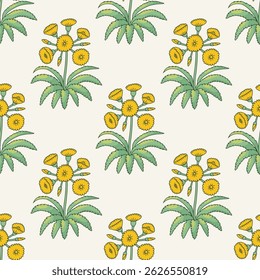 Seamless pattern with canary islands flowers tree sonchus in vintage millefleur style on white background. Hand drawn classic floral wallpaper vector illustration