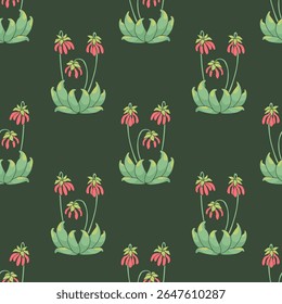 Padrão sem costura com canary ilhas flores papagaio bicos em vintage millefleur estilo em fundo verde. Desenhado à mão clássico floral papel de parede ilustração vetor