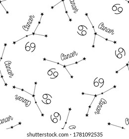 Seamless pattern with Cancer constellation, handwritten lettering and zodiac sign. For your packaging, fabric and product decoration.