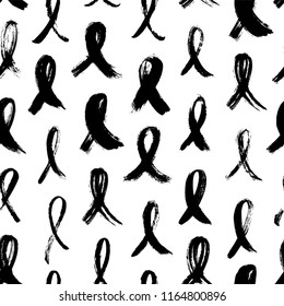 Seamless pattern with cancer ribbons. Ink illustration. Ornament for wrapping paper. Monochrome design.