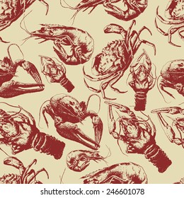 Seamless pattern with  cancers and crabs on a light background