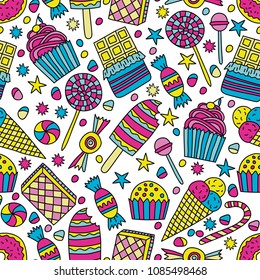 Seamless pattern with candies, cakes, sweets, ice cream and desserts in doodle style.  Hand drawn vector illustrations
