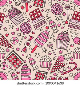 Seamless pattern with candies, cakes, sweets, ice cream and desserts in doodle style.  Hand drawn vector illustrations