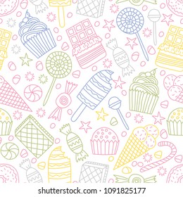 Seamless pattern with candies, cakes, sweets, ice cream and desserts in doodle style.  Hand drawn vector illustrations