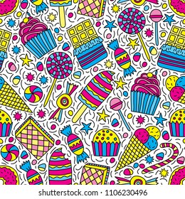 Seamless pattern with candies, cakes, sweets, ice cream and desserts in doodle style.  Hand drawn vector illustrations