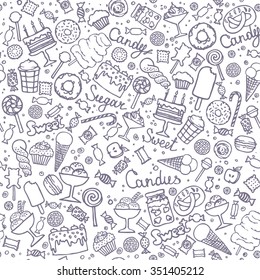 Seamless pattern with candies, cakes, sweets, ice cream and desserts in doodle style. Hand drawn vector illustrations. Sweet background. Candies background