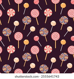 Seamless pattern of candies. Caramel stick, lollipop, candy cane on dark background. Holiday texture, pagking design	
