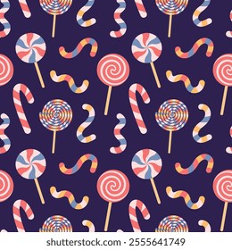 Seamless pattern of candies. Caramel stick, lollipop, candy cane on dark background. Holiday texture, pagking design	
